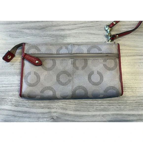 Coach Signature C Canvas Wristlet Wallet Red Leather Trim - Picture 2 of 4